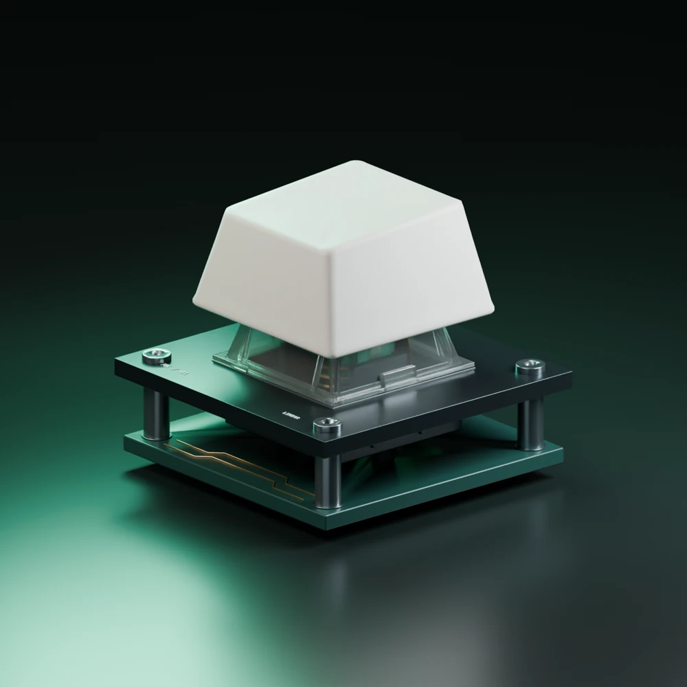 MechaKeys switch: blank ivory keycap, clear housing, jade stem, and a graphite mounting plate
